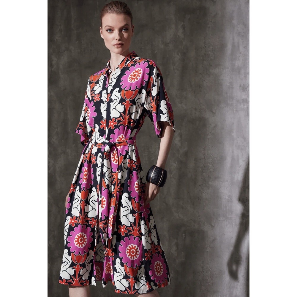 NATORI Talitha Crepe A-Line Belted Bold Retro Shirtdress Floral Pockets Bright